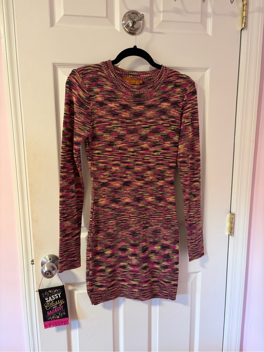 Long Sleeve Multicolor Knit Dress - Pink/Cream/Black
